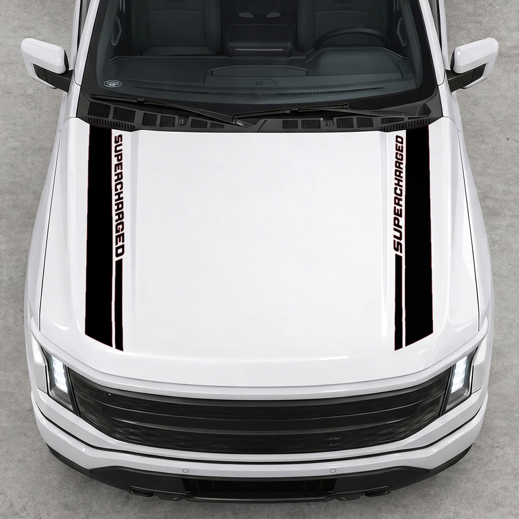 Hood Panel Decal/Sticker - Double Side SuperCharged Graphic Decal Graphic Kit - For Ford F-150 2015-2020 - Premium Vinyl