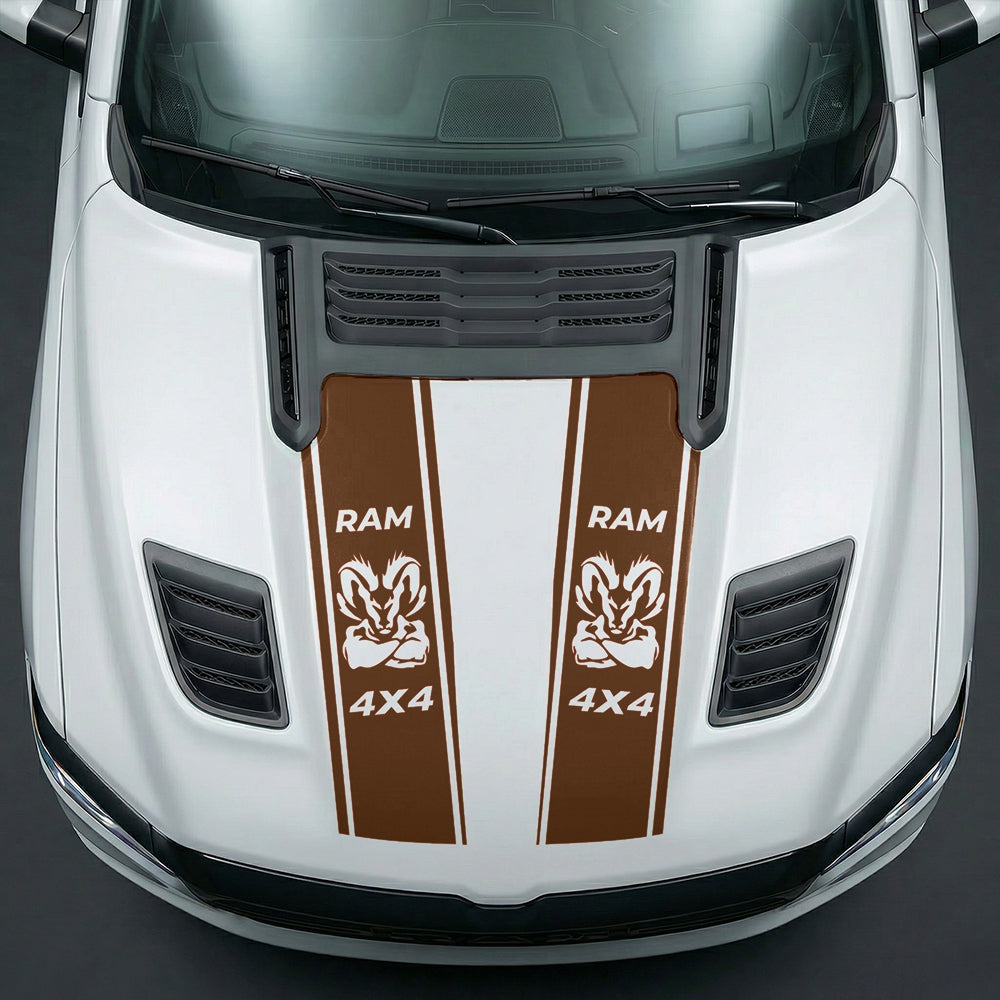 Hood Panel Decal/Sticker - Muscular Ram Mascot 4x4 Twin Stripe Graphic Kit - For Dodge Ram 2019-2025 - Premium Vinyl