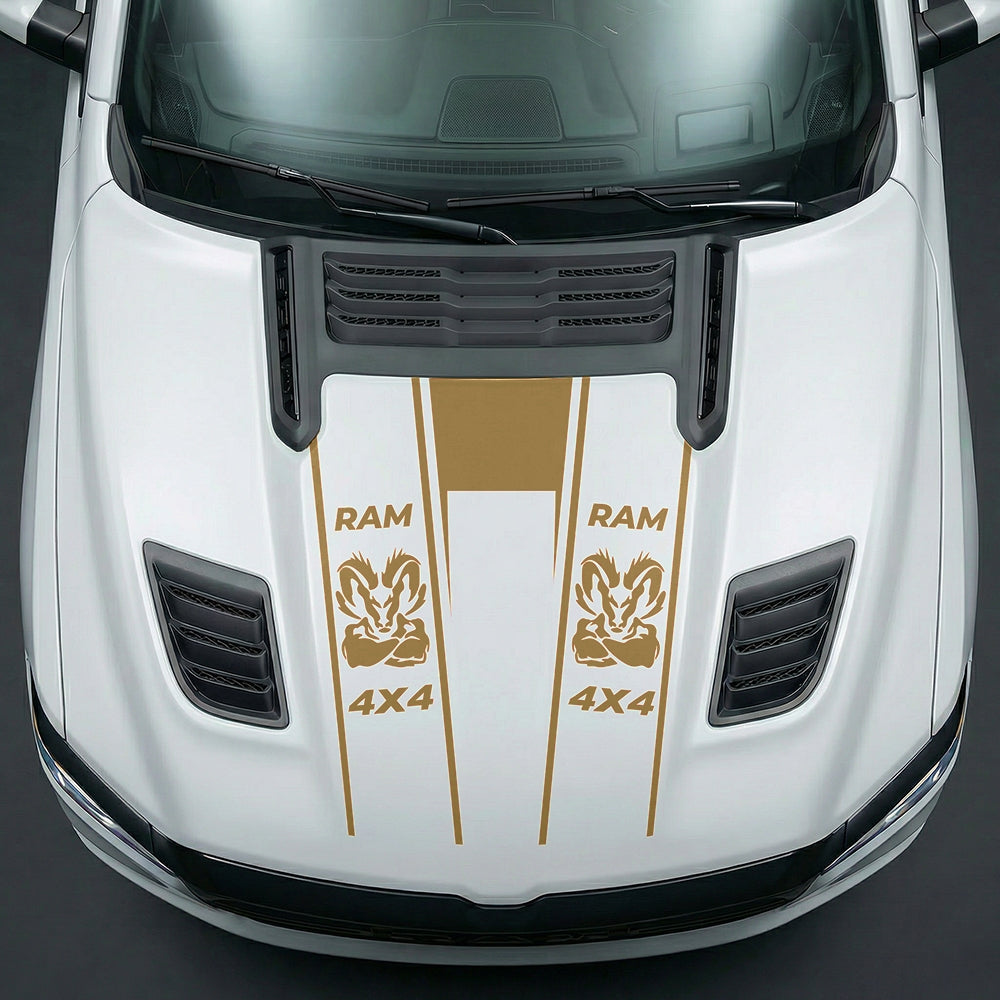 Hood Panel Decal/Sticker - Muscular Ram Mascot 4x4 Twin Stripe U-Shape Graphic Kit - For Dodge Ram 2019-2025 - Premium Vinyl