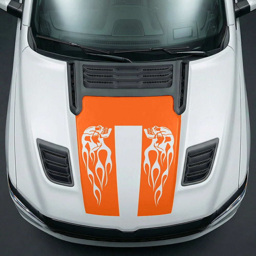 Hood Panel Decal/Sticker - Fiery Skulls Custom U-Shape Graphic Kit - For Dodge Ram 2019-2025 - Premium Vinyl