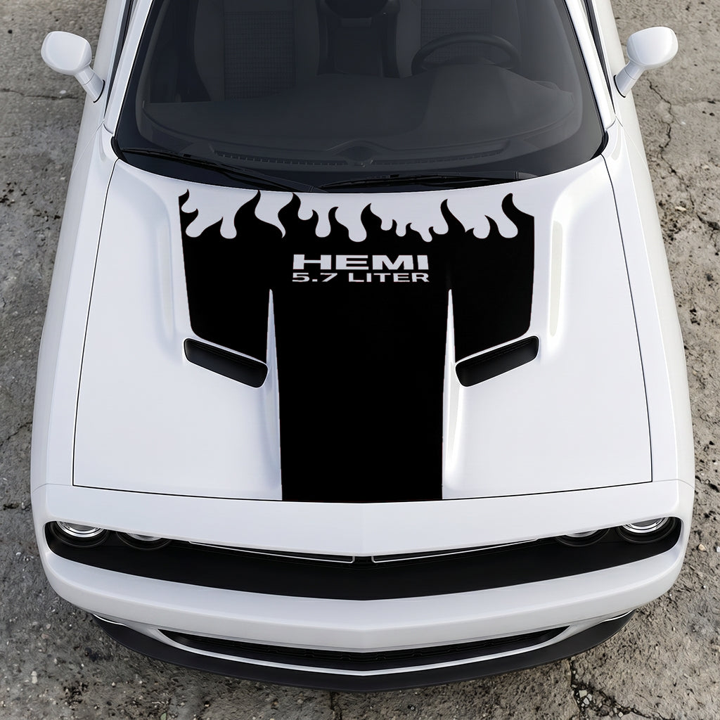 Hood Panel Decal/Sticker - HEMI 5.7 Liter Fire & Fury Flame Accent - Performance Red Series Graphic Kit - For Dodge Challenger 2015-2024 - Premium Vinyl