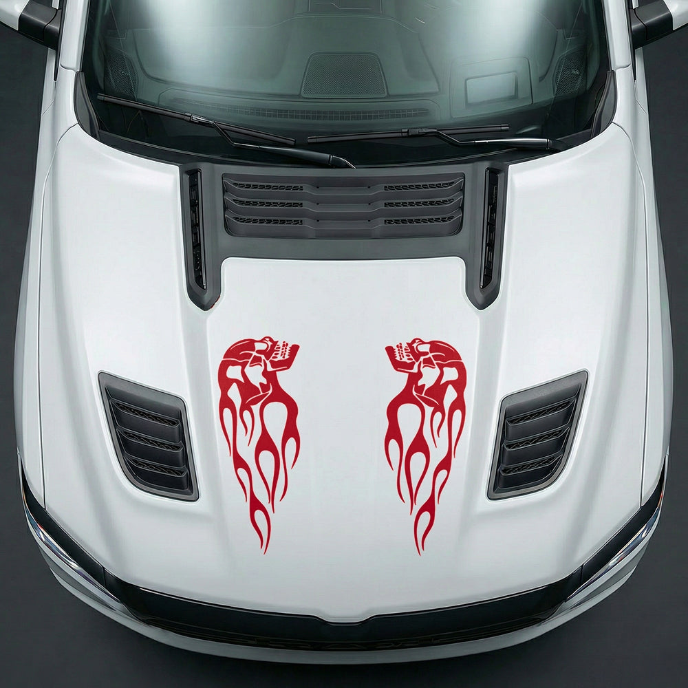 Hood Panel Decal/Sticker - Fiery Skulls Custom U-Shape - Cut Graphic Kit - For Dodge Ram 2019-2025 - Premium Vinyl
