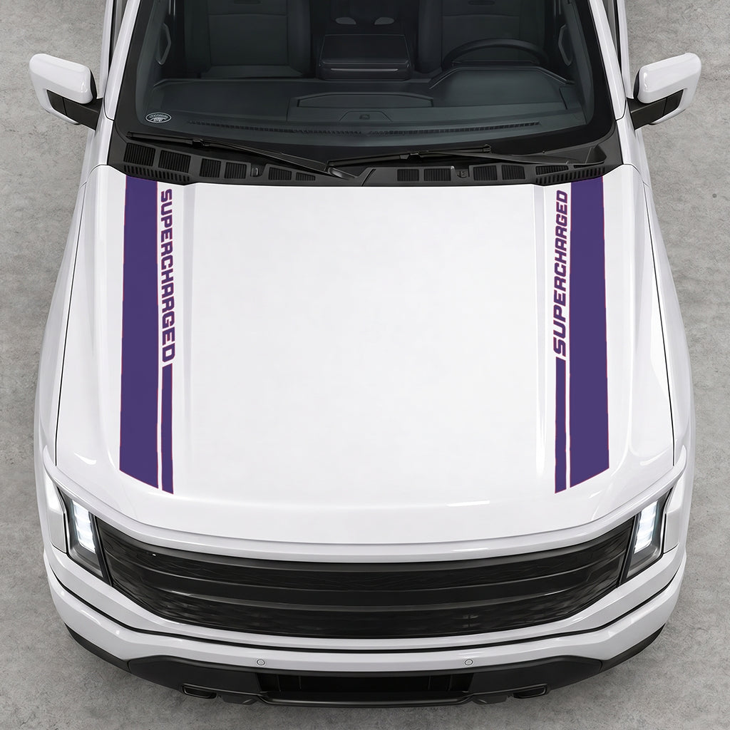 Hood Panel Decal/Sticker - Double Side SuperCharged Graphic Decal Graphic Kit - For Ford F-150 2015-2020 - Premium Vinyl