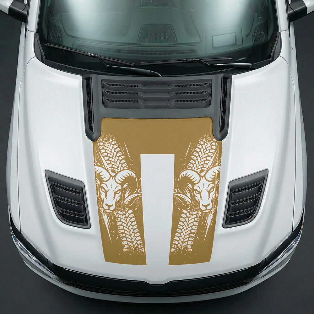 Hood Panel Decal/Sticker - Rugged Mud Tire Tread & RAM Head Graphic Kit - For Dodge Ram 2019-2025 - Premium Vinyl