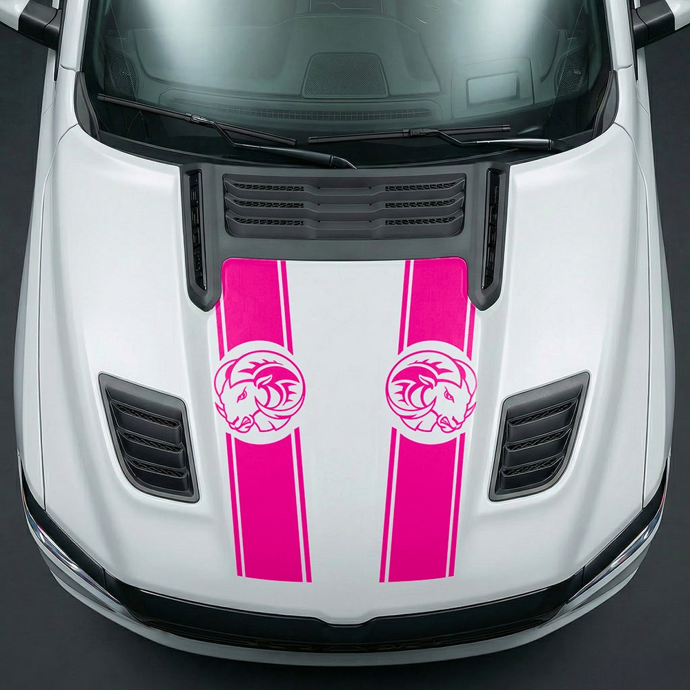 Hood Panel Decal/Sticker - Aggressive RAM Mascot Twin Racing Stripe Graphic Kit - For Dodge Ram 2019-2025 - Premium Vinyl