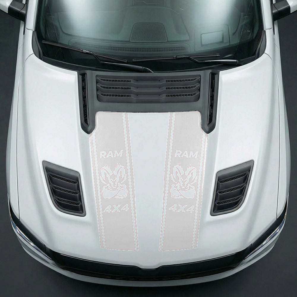 Hood Panel Decal/Sticker - Muscular Ram Mascot 4x4 Twin Stripe Graphic Kit - For Dodge Ram 2019-2025 - Premium Vinyl