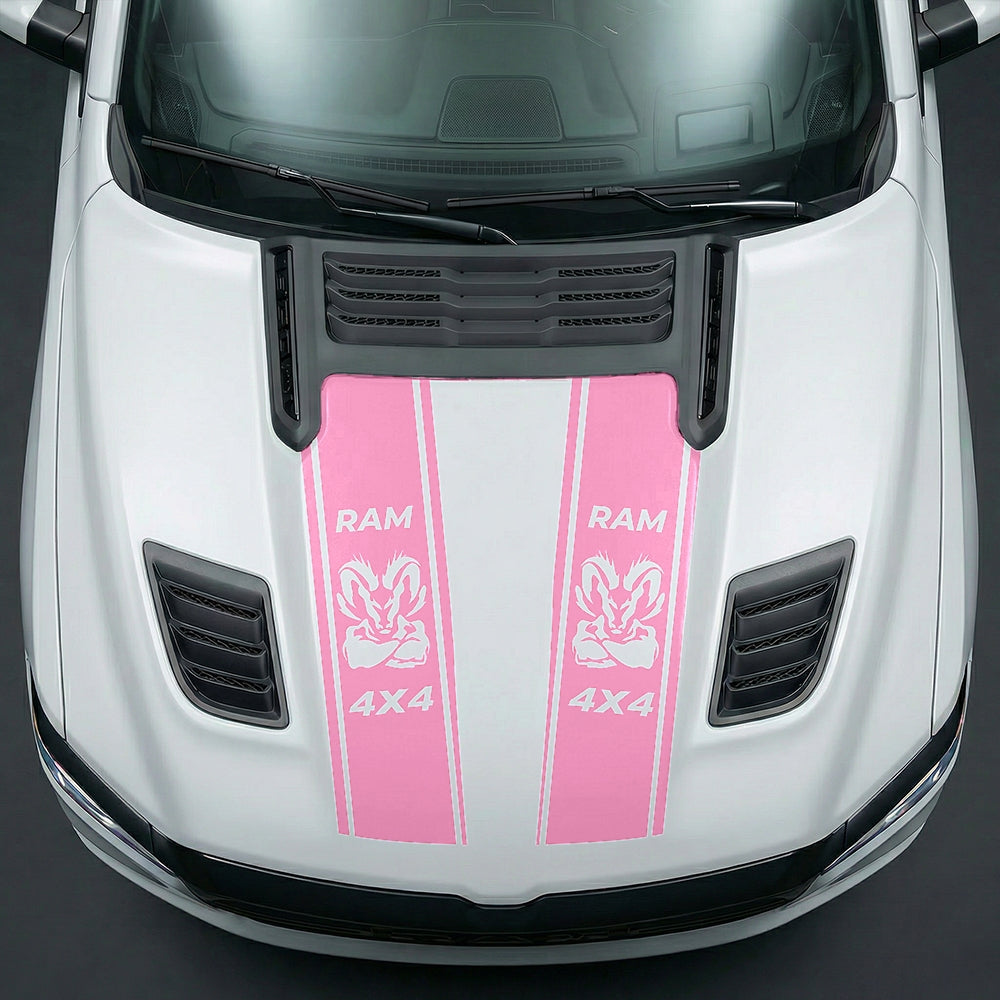 Hood Panel Decal/Sticker - Muscular Ram Mascot 4x4 Twin Stripe Graphic Kit - For Dodge Ram 2019-2025 - Premium Vinyl