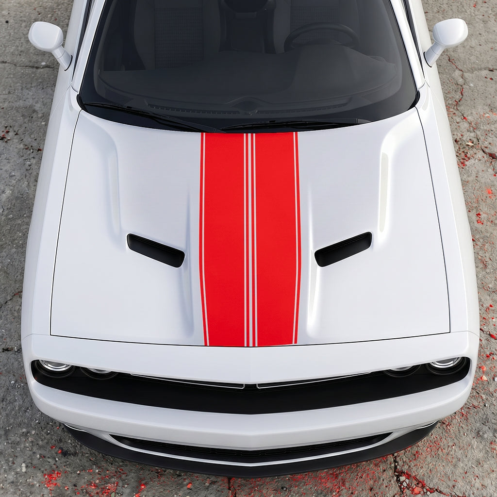 Hood Panel Decal/Sticker - Triple-Threat Sport Racing Stripes - Symmetrical Performance Overlay Graphic Kit - For Dodge Challenger 2015-2024 - Premium Vinyl