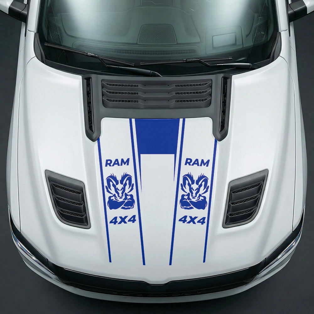 Hood Panel Decal/Sticker - Muscular Ram Mascot 4x4 Twin Stripe U-Shape Graphic Kit - For Dodge Ram 2019-2025 - Premium Vinyl
