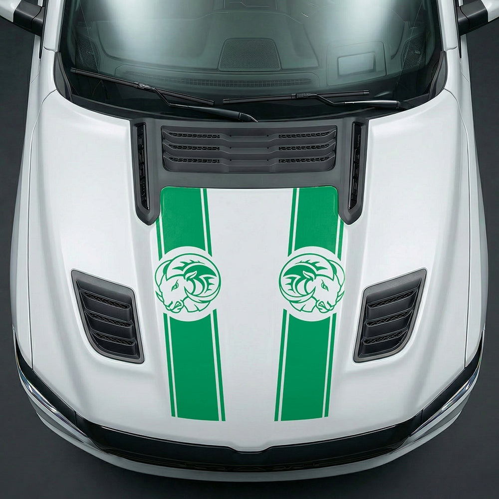 Hood Panel Decal/Sticker - Aggressive RAM Mascot Twin Racing Stripe Graphic Kit - For Dodge Ram 2019-2025 - Premium Vinyl
