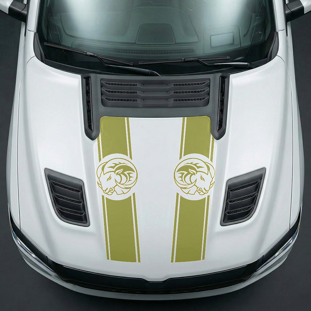 Hood Panel Decal/Sticker - Aggressive RAM Mascot Twin Racing Stripe Graphic Kit - For Dodge Ram 2019-2025 - Premium Vinyl