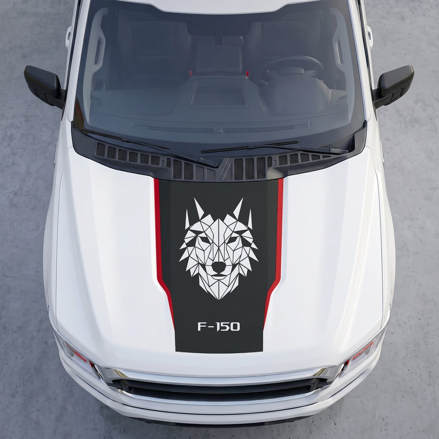 Hood Panel Decal/Sticker - Geometric Low-Poly Wolf Hood Decal Wrap – Matte Black Shield with White Origami Wolf Head Graphic Kit - For Ford F-150 F150 2015-2020 - Premium Vinyl