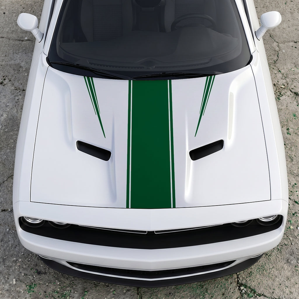 Hood Panel Decal/Sticker - Sport Rally Triple-Threat Stripe - Center-Line and Fender-Flair Accent Graphic Kit - For Dodge Challenger 2015-2024 - Premium Vinyl