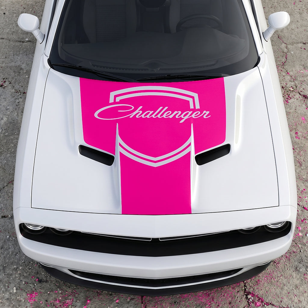 Hood Panel Decal/Sticker - Challenger Retro Script Shield - Vintage Style Crest Graphic Kit - For Dodge Challenger 2015-2024 - Premium Vinyl