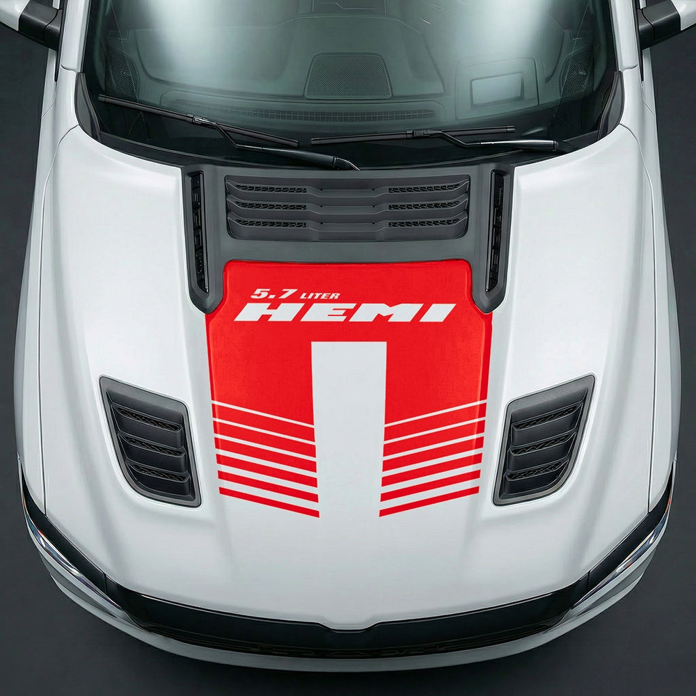Hood Panel Decal/Sticker - Aggressive 5.7L HEMI Slotted Strobe Graphic Kit - For Dodge Ram 2019-2025 - Premium Vinyl