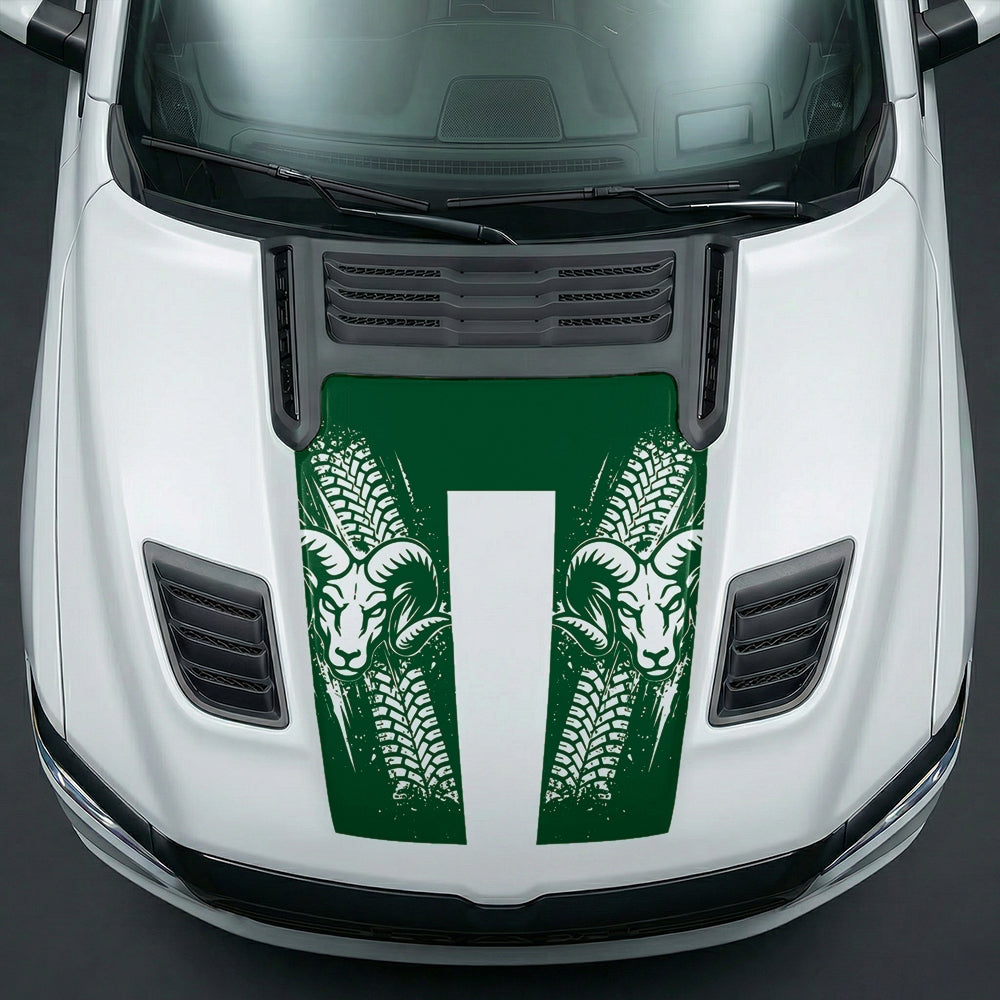 Hood Panel Decal/Sticker - Rugged Mud Tire Tread & RAM Head Graphic Kit - For Dodge Ram 2019-2025 - Premium Vinyl