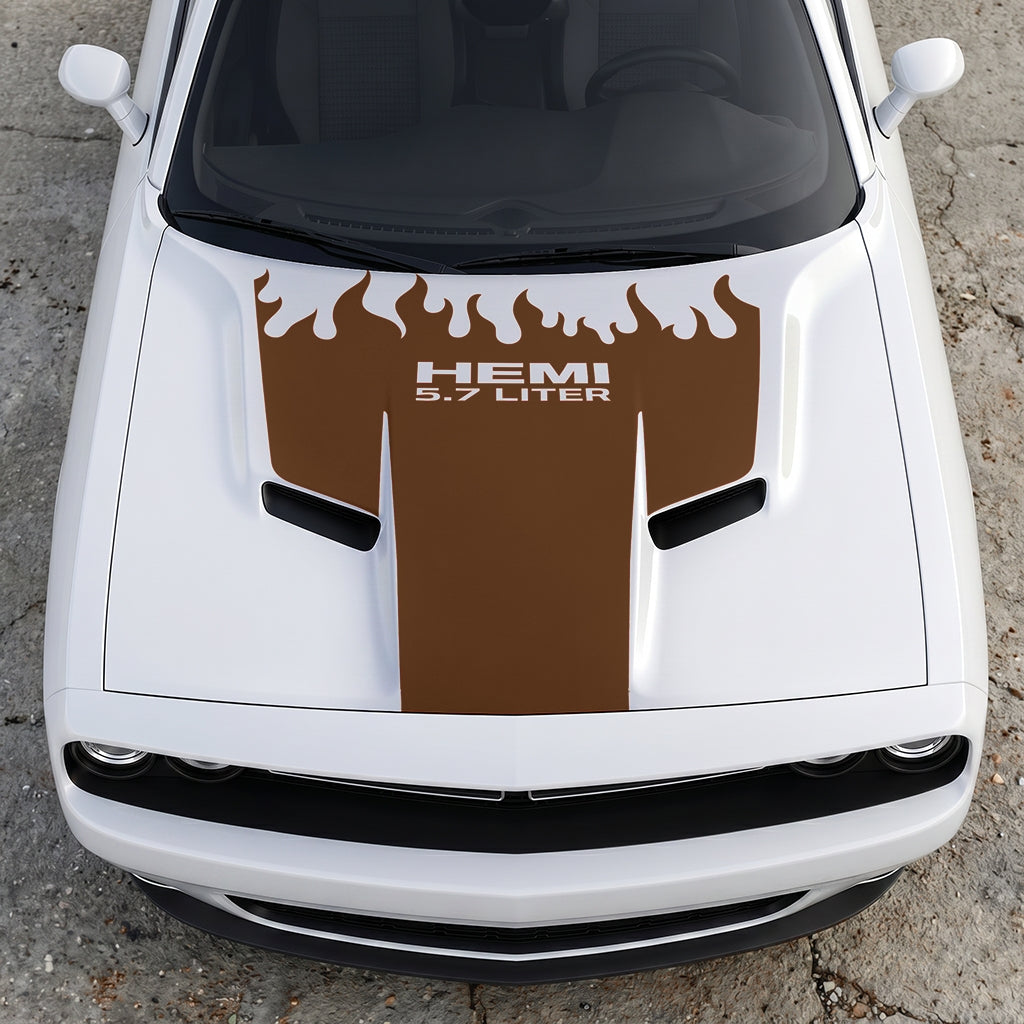 Hood Panel Decal/Sticker - HEMI 5.7 Liter Fire & Fury Flame Accent - Performance Red Series Graphic Kit - For Dodge Challenger 2015-2024 - Premium Vinyl