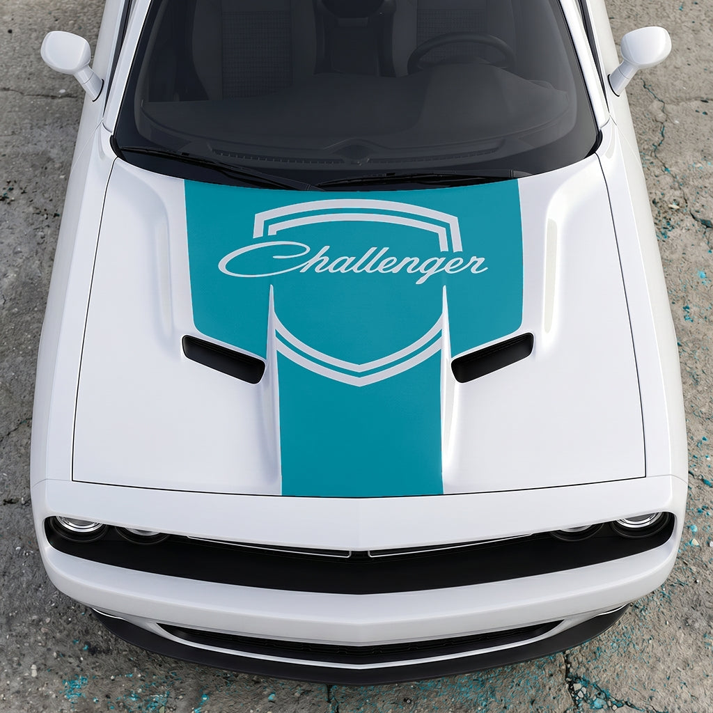 Hood Panel Decal/Sticker - Challenger Retro Script Shield - Vintage Style Crest Graphic Kit - For Dodge Challenger 2015-2024 - Premium Vinyl