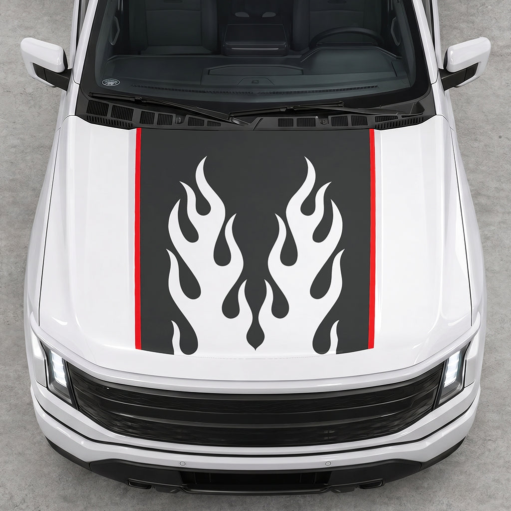 Hood Panel Decal/Sticker - Twin Burning Flames Graphic Decal Graphic Kit - For Ford F-150 2015-2020 - Premium Vinyl