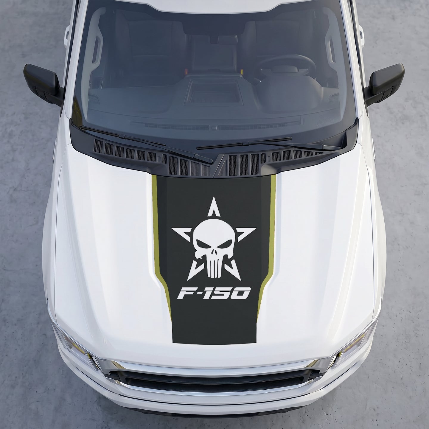 Hood Panel Decal/Sticker - Matte Black Hood Decal Wrap – Tactical Star & Skull Graphic Kit - For Ford F-150 F150 2015-2020 - Premium Vinyl