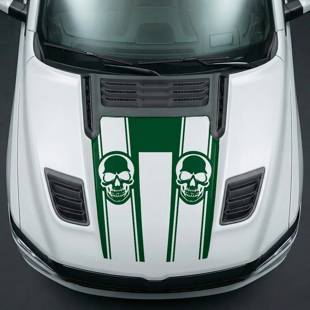 Hood Panel Decal/Sticker - Sinister Skull Racing Stripes U-Shape Graphic Kit - For Dodge Ram 2019-2025 - Premium Vinyl