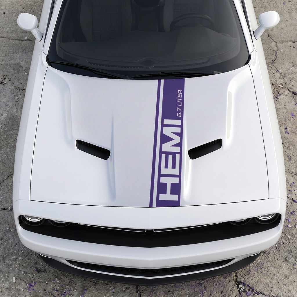 Hood Panel Decal/Sticker - HEMI 5.7 Liter Vertical Performance Stripe - Pillar Style Side-Hood Accent Vinyl Graphic Kit - For Dodge Challenger 2015-2024 - Premium Vinyl