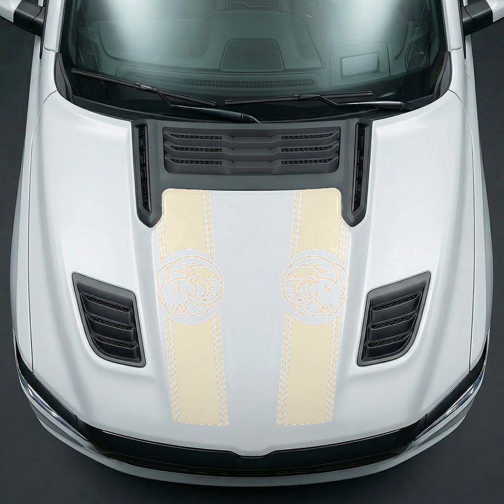 Hood Panel Decal/Sticker - Aggressive RAM Mascot Twin Racing Stripe Graphic Kit - For Dodge Ram 2019-2025 - Premium Vinyl