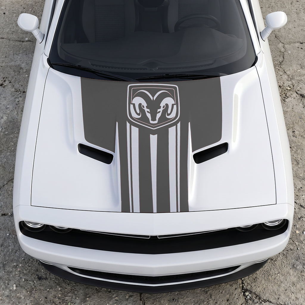 Hood Panel Decal/Sticker - Ram Emblem Apex Crest Triple-Stripe - Rugged Shield Design Vinyl Graphic Kit - For Dodge Challenger 2015-2024 - Premium Vinyl