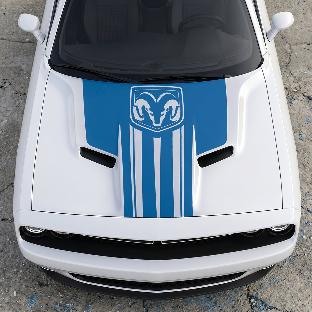 Hood Panel Decal/Sticker - Ram Emblem Apex Crest Triple-Stripe - Rugged Shield Design Vinyl Graphic Kit - For Dodge Challenger 2015-2024 - Premium Vinyl