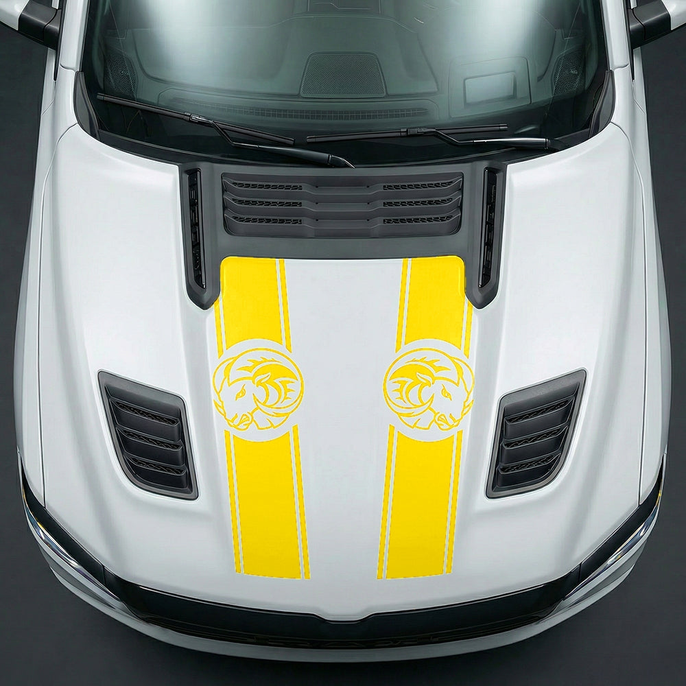 Hood Panel Decal/Sticker - Aggressive RAM Mascot Twin Racing Stripe Graphic Kit - For Dodge Ram 2019-2025 - Premium Vinyl