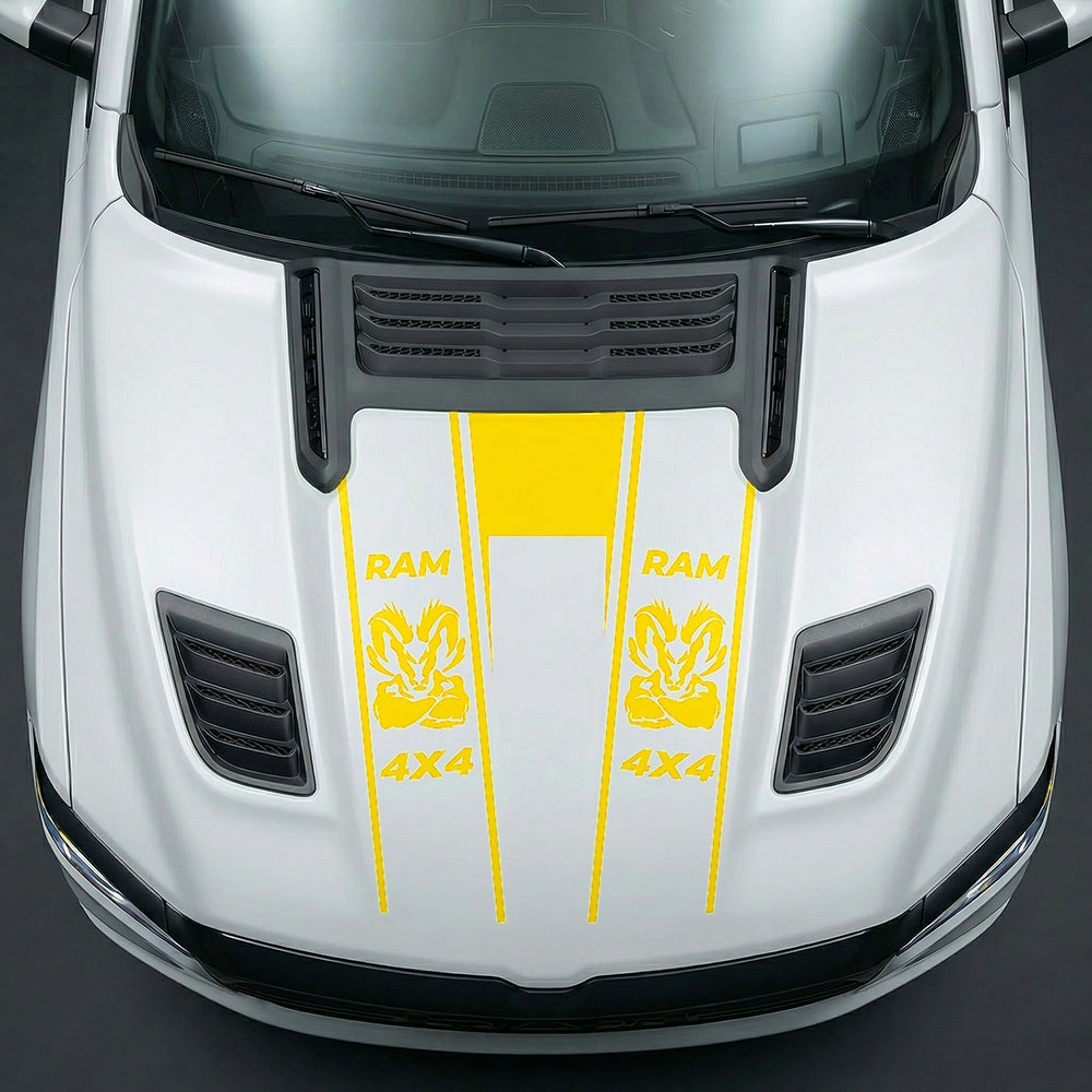 Hood Panel Decal/Sticker - Muscular Ram Mascot 4x4 Twin Stripe U-Shape Graphic Kit - For Dodge Ram 2019-2025 - Premium Vinyl