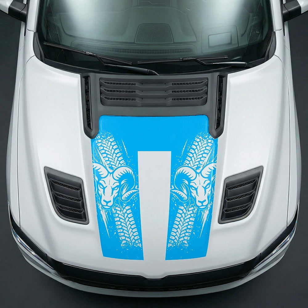 Hood Panel Decal/Sticker - Rugged Mud Tire Tread & RAM Head Graphic Kit - For Dodge Ram 2019-2025 - Premium Vinyl