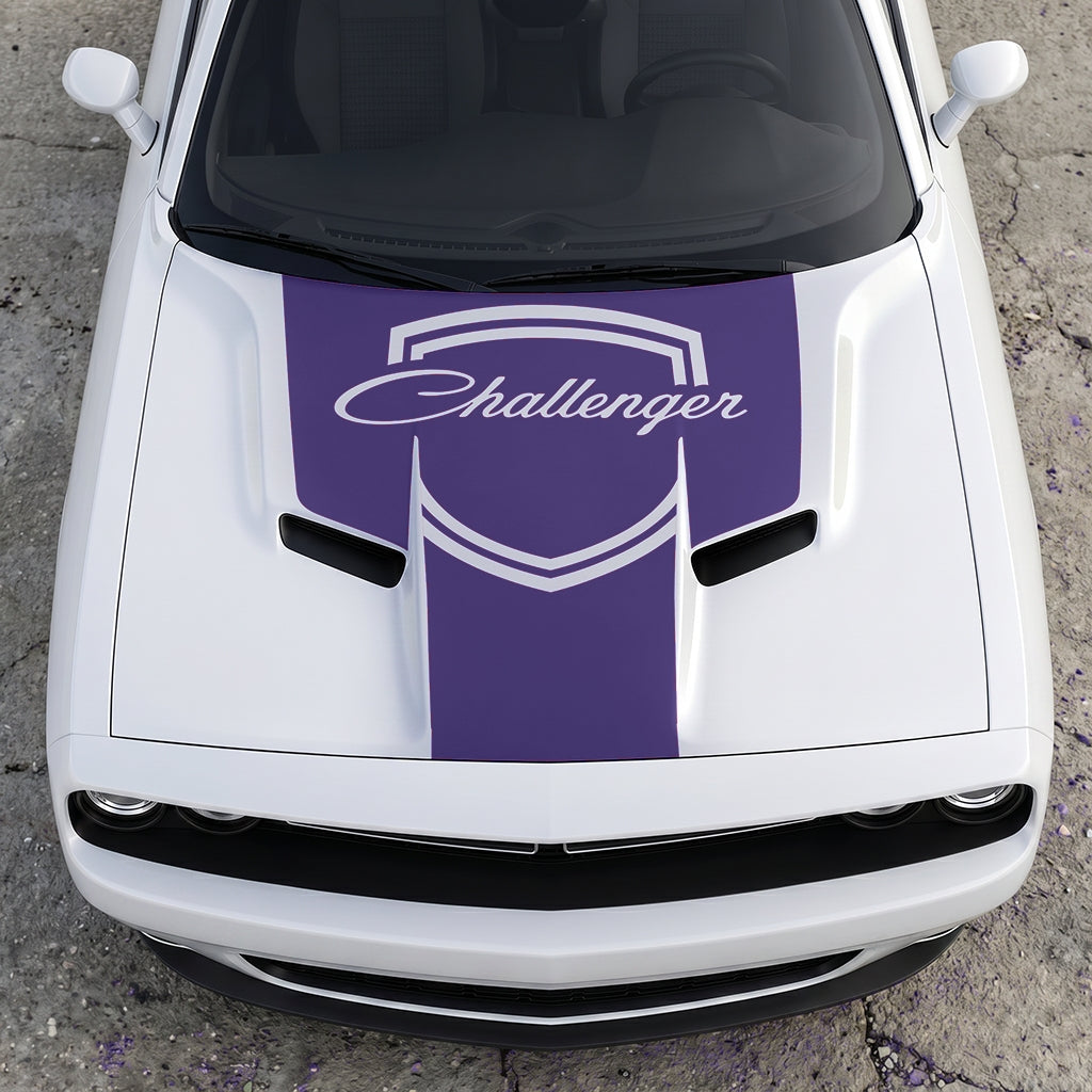 Hood Panel Decal/Sticker - Challenger Retro Script Shield - Vintage Style Crest Graphic Kit - For Dodge Challenger 2015-2024 - Premium Vinyl