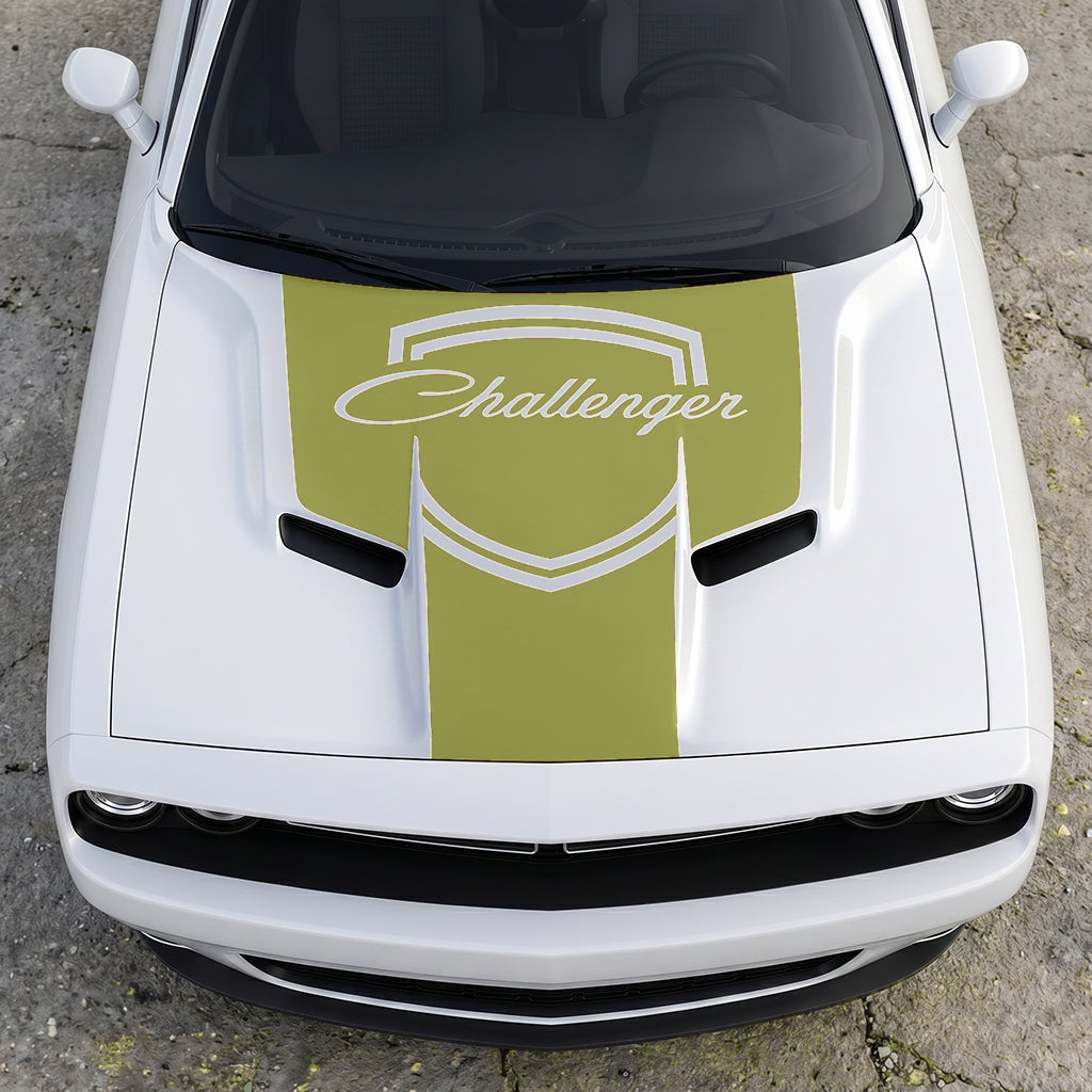 Hood Panel Decal/Sticker - Challenger Retro Script Shield - Vintage Style Crest Graphic Kit - For Dodge Challenger 2015-2024 - Premium Vinyl
