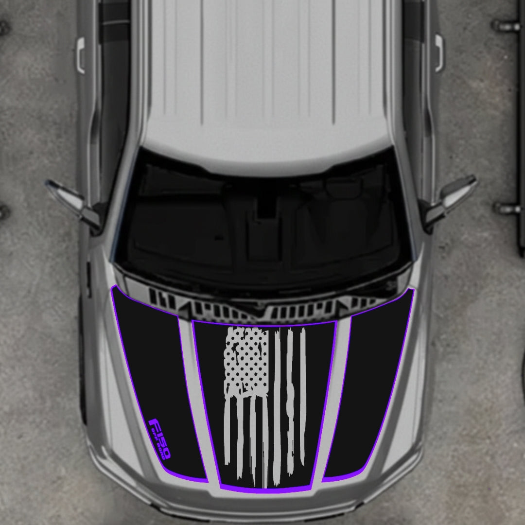 Hood Panel Decal/Sticker - USA Style 2 - Cut - Border Graphic Kit - For Ford F-150 2020-2026 - Premium Vinyl
