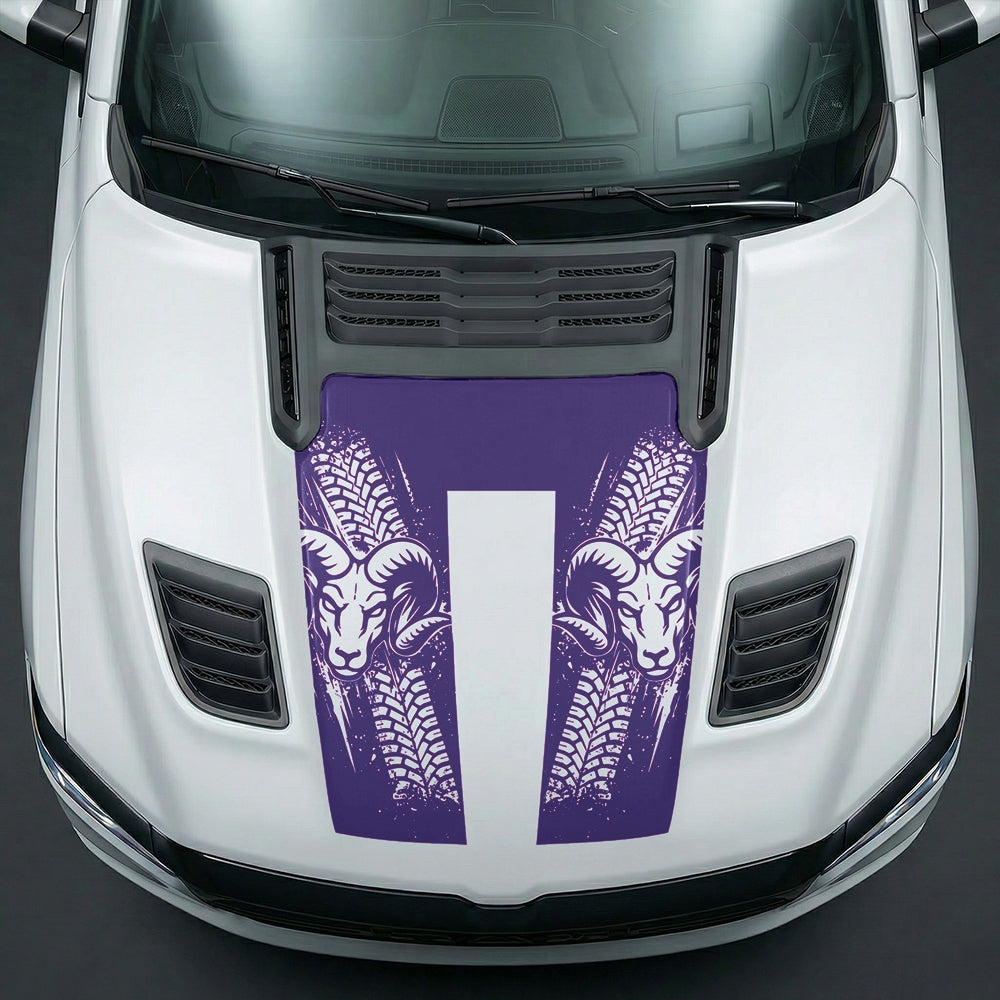 Hood Panel Decal/Sticker - Rugged Mud Tire Tread & RAM Head Graphic Kit - For Dodge Ram 2019-2025 - Premium Vinyl