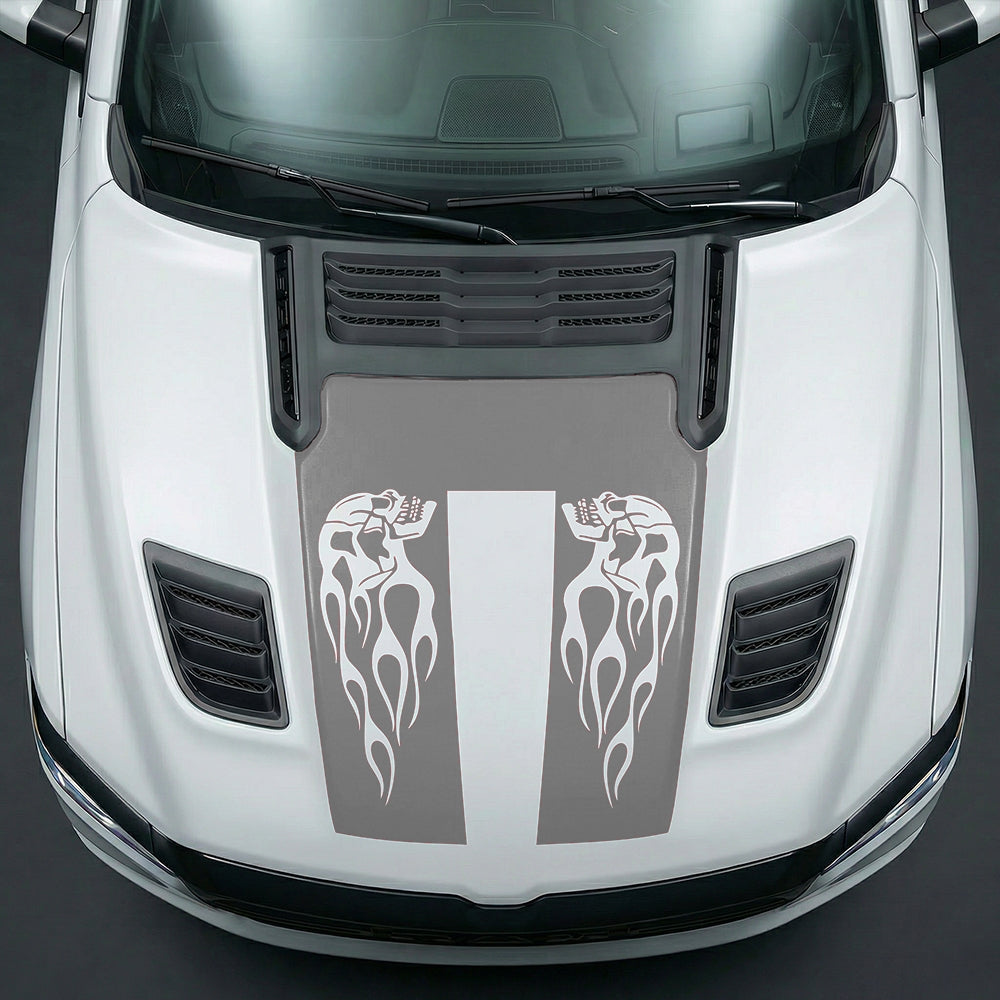 Hood Panel Decal/Sticker - Fiery Skulls Custom U-Shape Graphic Kit - For Dodge Ram 2019-2025 - Premium Vinyl
