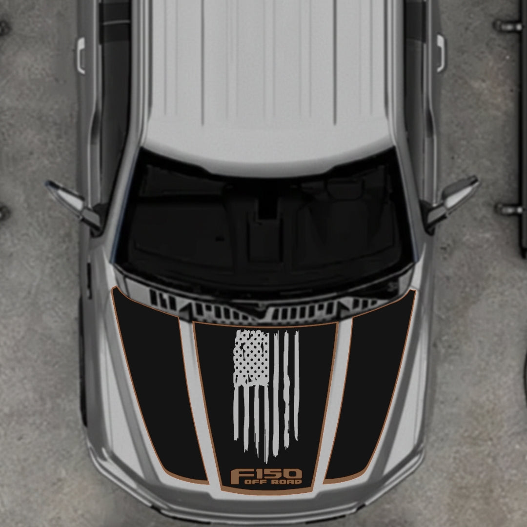 Hood Panel Decal/Sticker - USA Style 3 - Cut - Border Graphic Kit - For Ford F-150 2020-2026 - Premium Vinyl