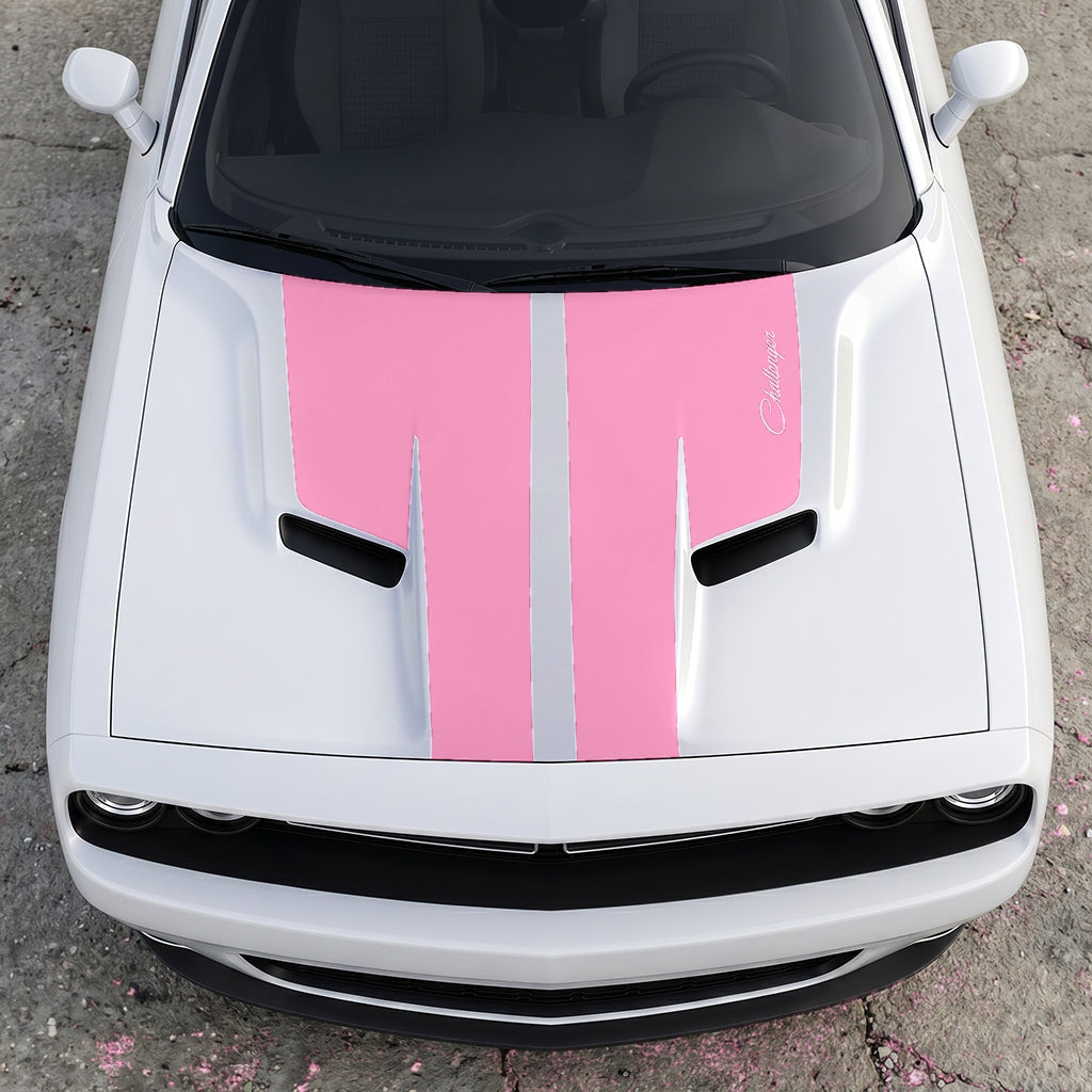 Hood Panel Decal/Sticker - Retro Script Challenger Heritage - Split Center Sport Stripe Series Graphic Kit - For Dodge Challenger 2015-2024 - Premium Vinyl