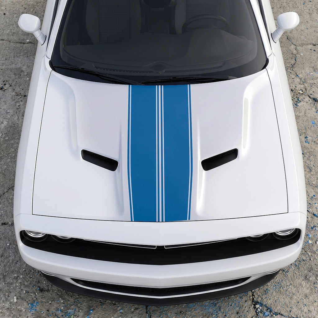 Hood Panel Decal/Sticker - Triple-Threat Sport Racing Stripes - Symmetrical Performance Overlay Graphic Kit - For Dodge Challenger 2015-2024 - Premium Vinyl