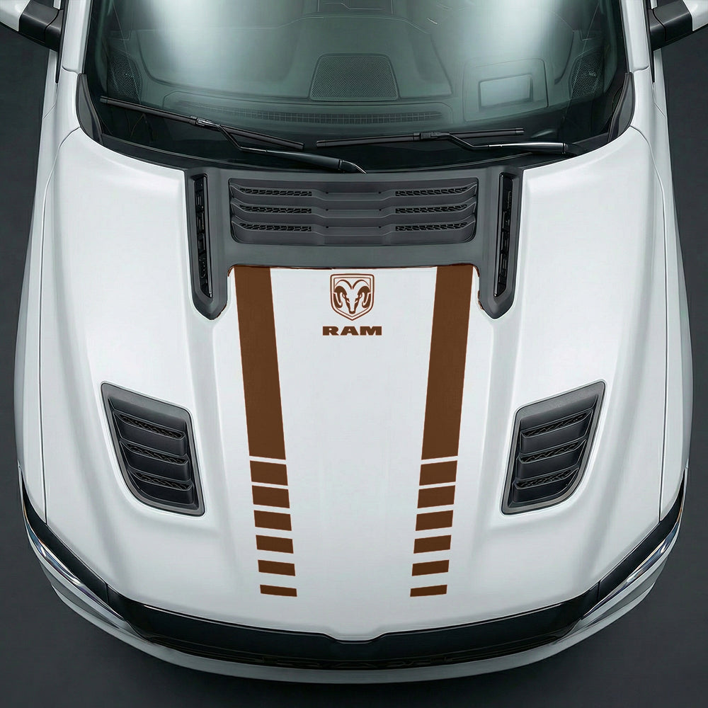 Hood Panel Decal/Sticker - Sport Strobe V-Stripes with Center RAM Logo - Cut Graphic Kit - For Dodge Ram 2019-2025 - Premium Vinyl
