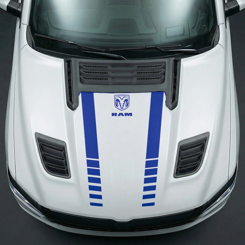 Hood Panel Decal/Sticker - Sport Strobe V-Stripes with Center RAM Logo - Cut Graphic Kit - For Dodge Ram 2019-2025 - Premium Vinyl