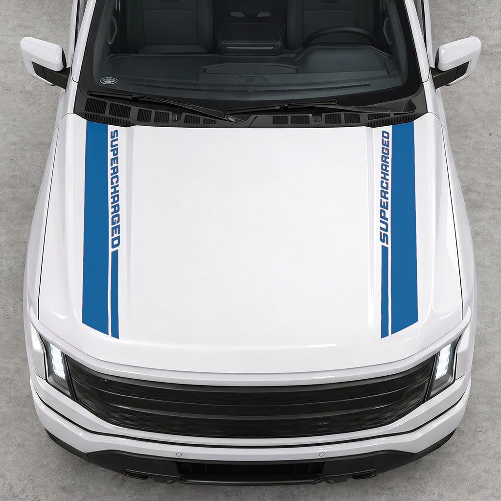 Hood Panel Decal/Sticker - Double Side SuperCharged Graphic Decal Graphic Kit - For Ford F-150 2015-2020 - Premium Vinyl
