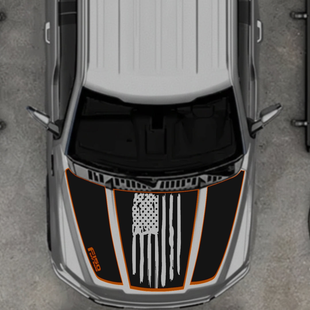 Hood Panel Decal/Sticker - USA Style 2 - Cut - Border Graphic Kit - For Ford F-150 2020-2026 - Premium Vinyl