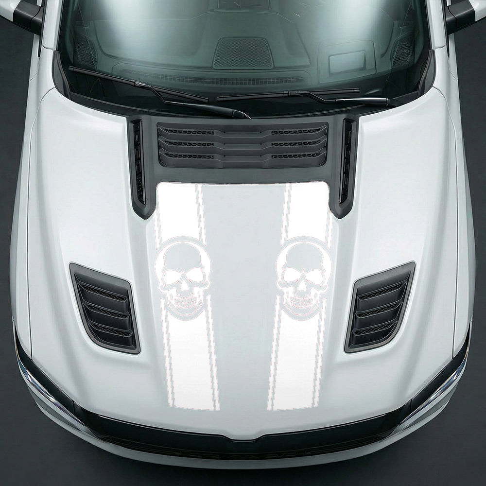 Hood Panel Decal/Sticker - Sinister Skull Racing Stripes Graphic Kit - For Dodge Ram 2019-2025 - Premium Vinyl