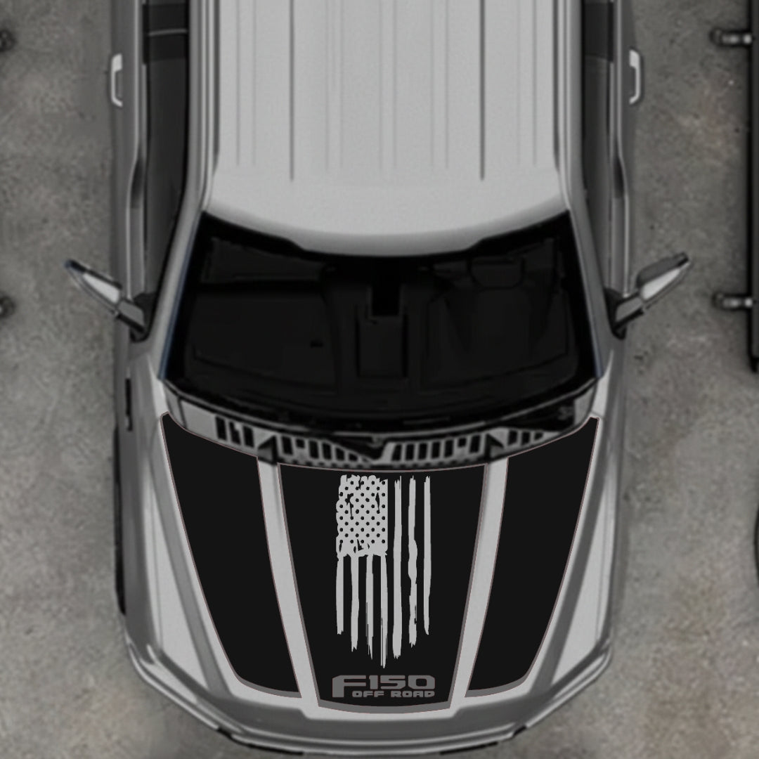 Hood Panel Decal/Sticker - USA Style 3 - Cut - Border Graphic Kit - For Ford F-150 2020-2026 - Premium Vinyl