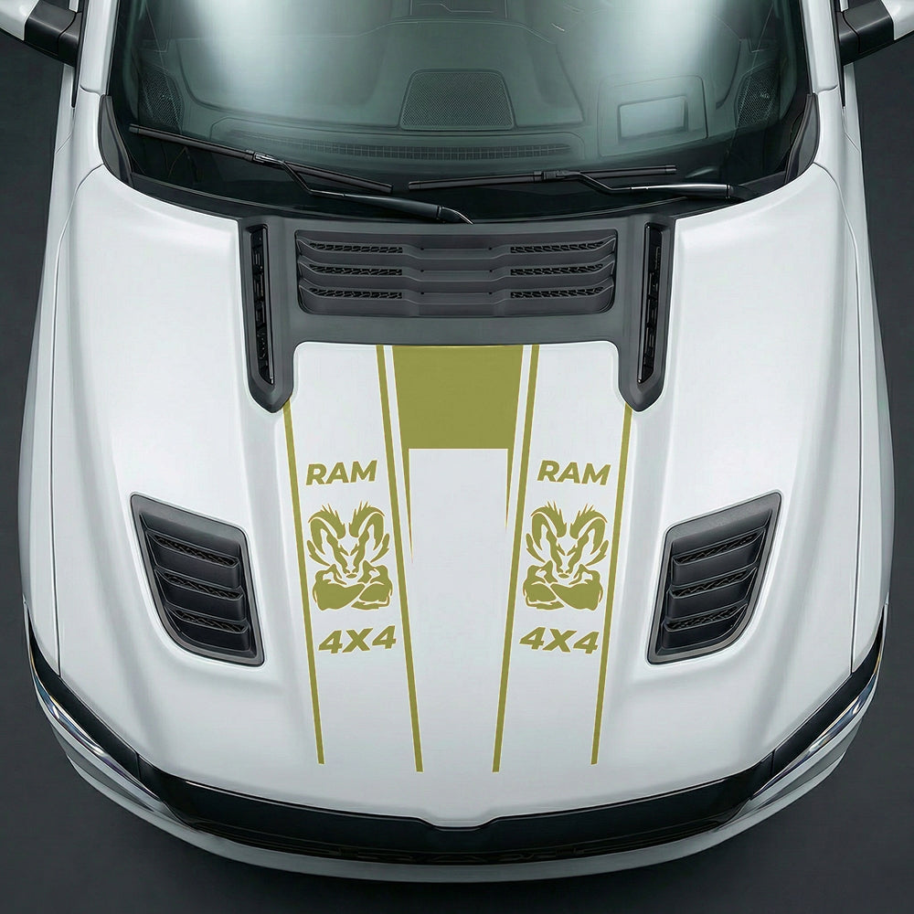 Hood Panel Decal/Sticker - Muscular Ram Mascot 4x4 Twin Stripe U-Shape Graphic Kit - For Dodge Ram 2019-2025 - Premium Vinyl