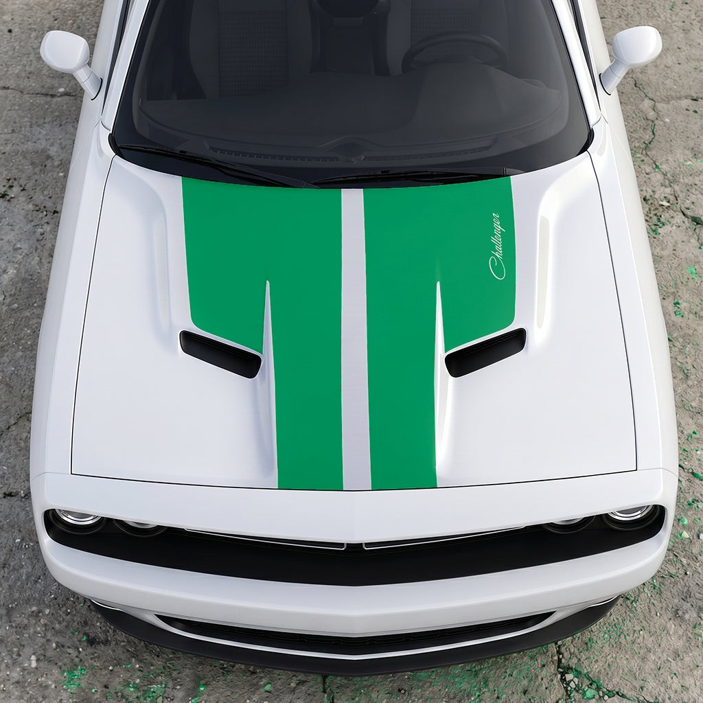 Hood Panel Decal/Sticker - Retro Script Challenger Heritage - Split Center Sport Stripe Series Graphic Kit - For Dodge Challenger 2015-2024 - Premium Vinyl