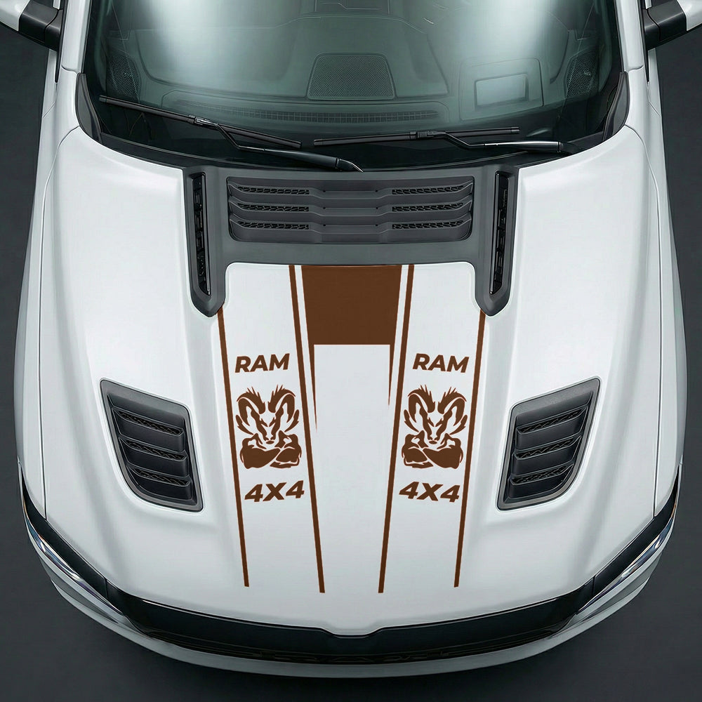 Hood Panel Decal/Sticker - Muscular Ram Mascot 4x4 Twin Stripe U-Shape Graphic Kit - For Dodge Ram 2019-2025 - Premium Vinyl