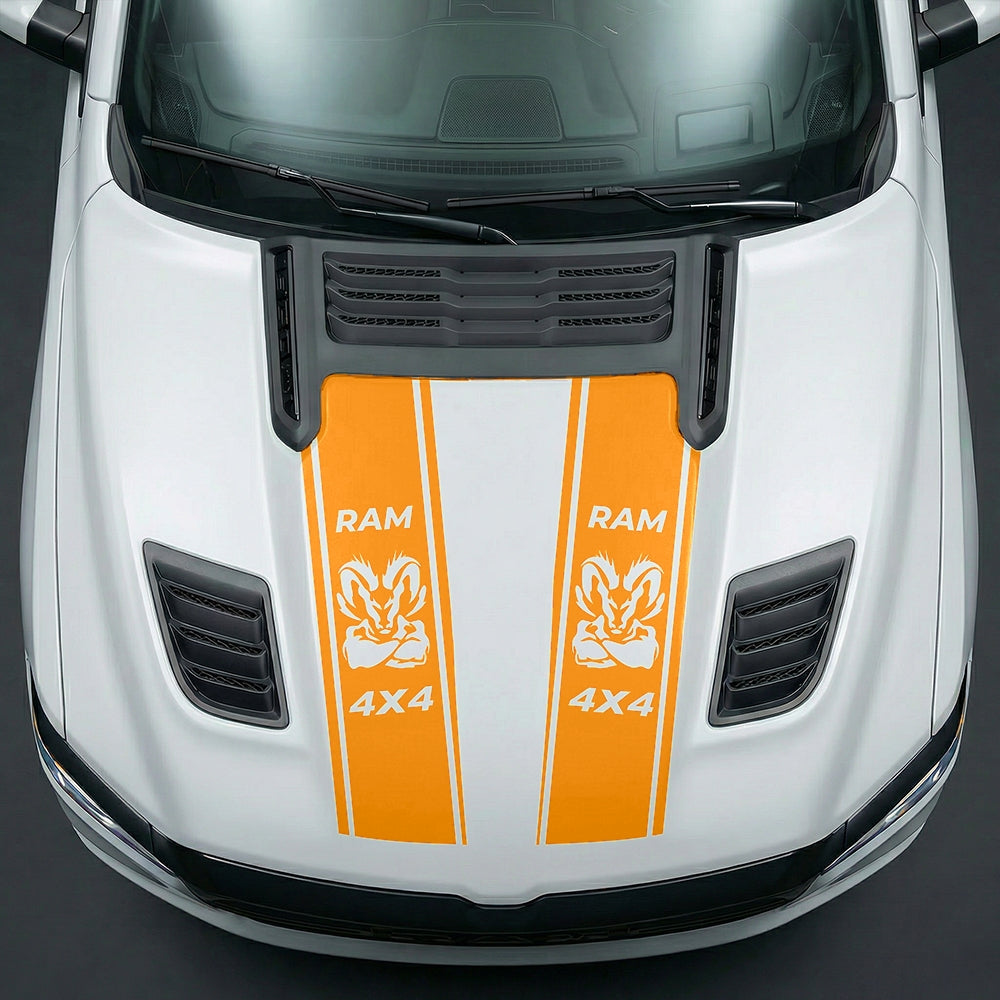 Hood Panel Decal/Sticker - Muscular Ram Mascot 4x4 Twin Stripe Graphic Kit - For Dodge Ram 2019-2025 - Premium Vinyl